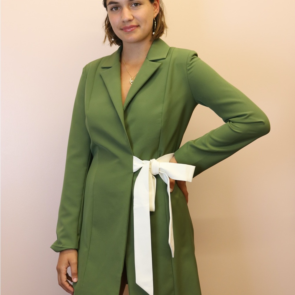 Elegant Green Long Sleeve Dress with White Accent belt by Maare M